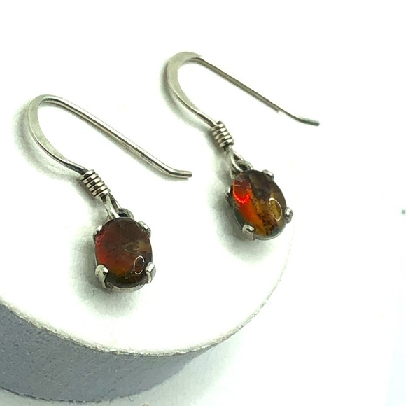 Vtg Sterling Silver Ammolite Fossil Oval Cabochon Dangle Hook Earrings .7 - .8” - Picture 1 of 4